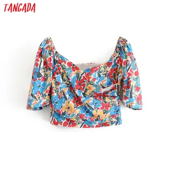 

Tangada women 70s style floral print crop shirt short sleeve 2020 summer chic female sexy slim shirt tops 6A177