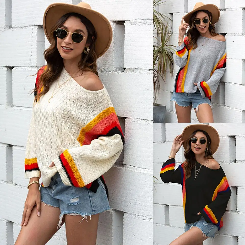 

2020 Autumn Winter Women's Sweaters v-neck pullover coat Knitted pullover Strapless Loose Knitted Sweater Long Sleeve