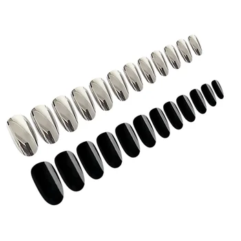 

2 Sets Black and Silver Fake Nails Long Round Head False Nails Artificial Nail Tip Fingernails for Women Girls (24pcs/Set)