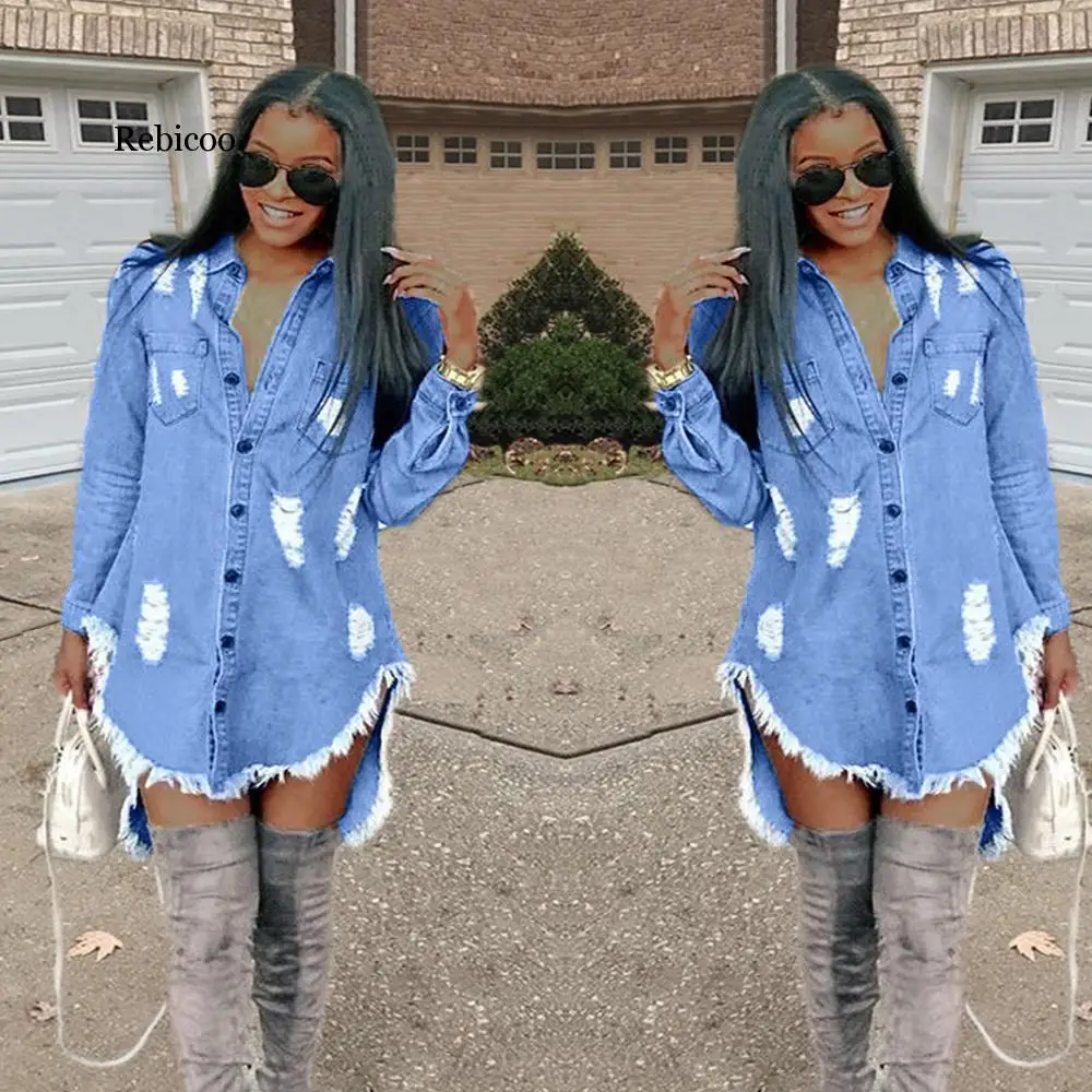 Vintage Women Denim Mini Asymmetrical Dress Sexy Turn Down Neck Long Sleeve Ribbbed Tassel Shirt Blue Jean Vestido | Женская одежда