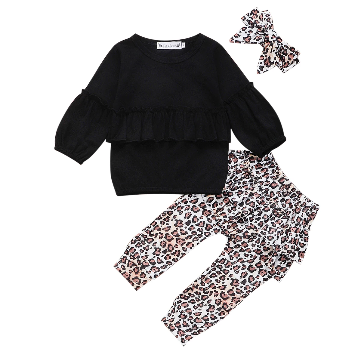 Брендовые топы с рюшами для маленьких девочек, леопардовые штаны, леггинсы, комплект одежды из 3 предметов, Осенний повседневный комплект