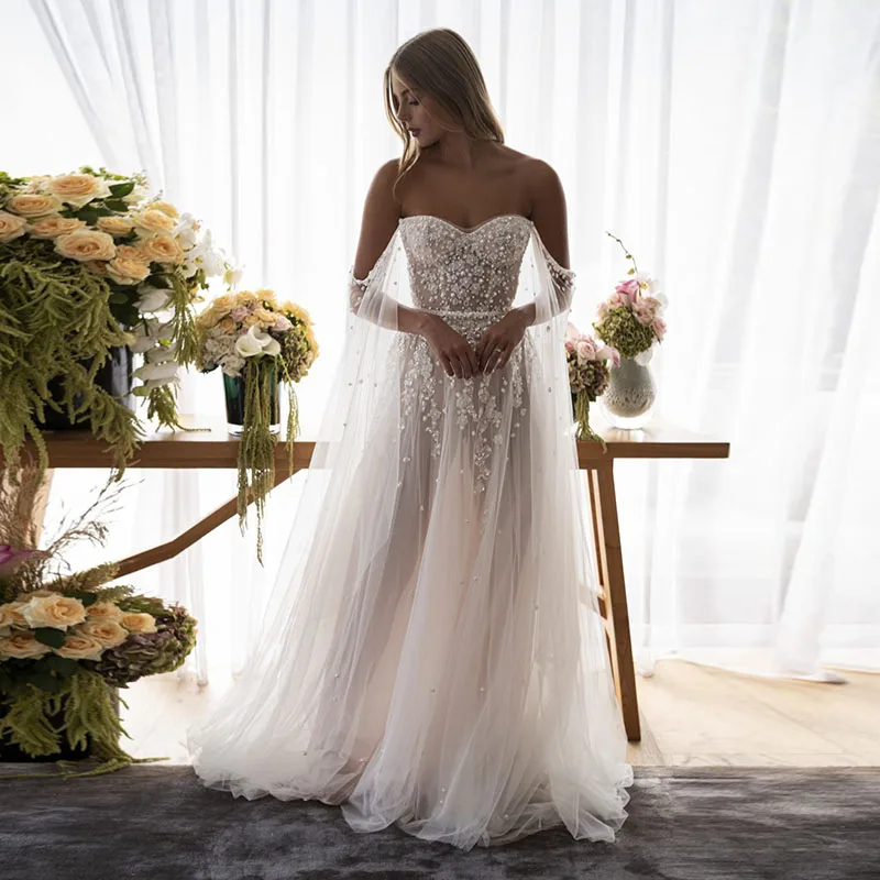 ryanth boho mermaid wedding dress 2023 elegant sweetheart neck off the shoulder lace appliques bridal gown vestido de novia Eightale Bohemian Wedding Dress Off the Shoulder Beaded with Pearls Appliques Wedding Gown Boho Bridal Dress vestido de noiva