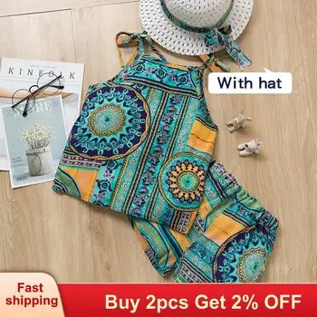 

2020 Girls Clothing Sets Summer National Style Holiday Kids Suits Casual Printed Vest + Pants 3pcs Suit with Hat Girls Costume
