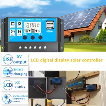 

10/20/30A Solar Charge Controller 12V/24V Auto PWM 5V Output Solar Panel Battery Controller Regulator With Dual USB LCD Display