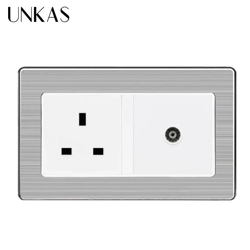 UNKAS 146 mm * 86 Wall Socket Stainless Steel Brushed Panel UK Standard Socket+Female TV Jack Double Outlet | Обустройство дома