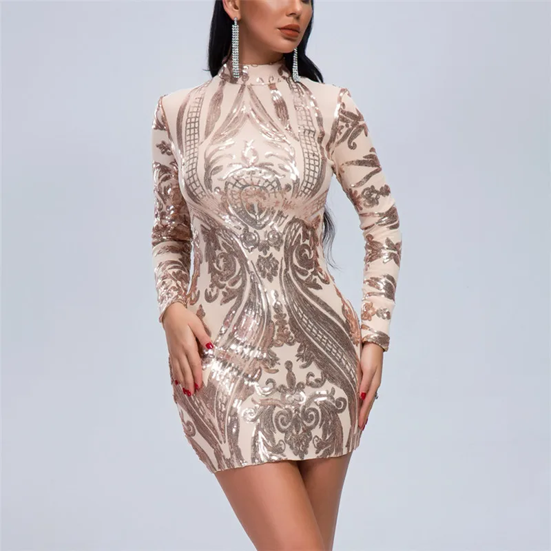 Yesexy осенне-зимние женские мини-платья с длинным рукавом и пайетками облегающее женское облегающее платье с высоким воротом VR18765