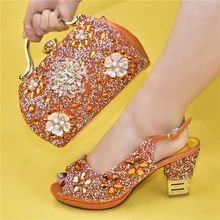 Doershow  Italian orange Shoes And Bag Sets For Evening Party With Stones Italian Leather Handbags Match Bags! !HUK1-32