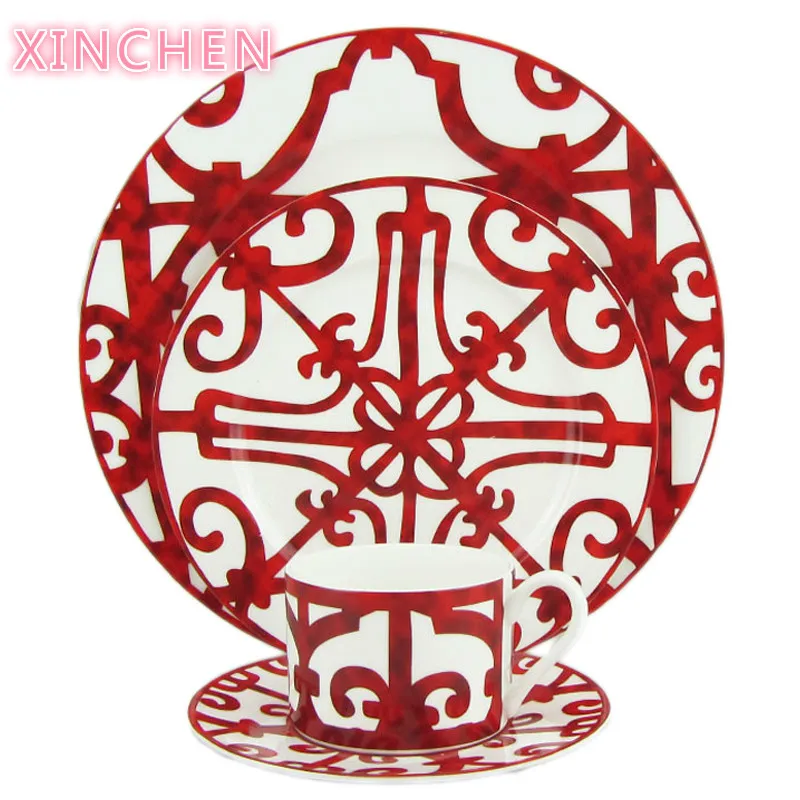 

Ceramic Steak Plate Coffee Cup and Saucer Bone China Dinnerware Set Western Food Tray Red Pattern Dishes Afternoon Tea Cup 1set