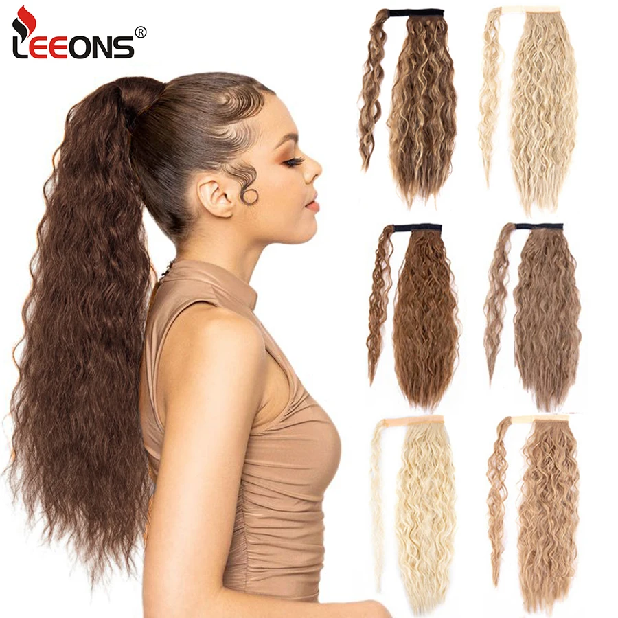 Leeons 20'' Synthetic Ponytail Hair pieces Heat Resistant Fiber Straight Ribbon Clip In Hair Extension 21 colors Brown Black