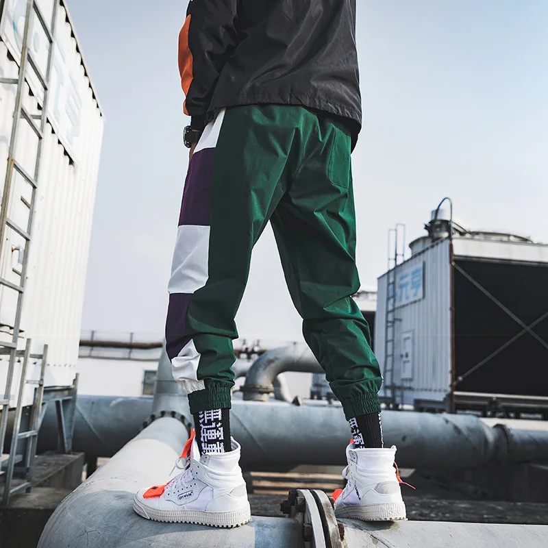 Модные тренировочные брюки мужские шаровары для бега мужские s Лоскутная уличная хип-хоп спортивные брюки корейские брюки мужские - Цвет: Зеленый