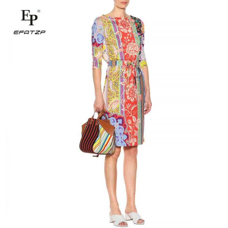 

New 2018 Luxury Designer Dress Women's Fashion 3/4 Sleeves Colorful Flower Print XXL Stretch Jersey Slim Silk Day Dress