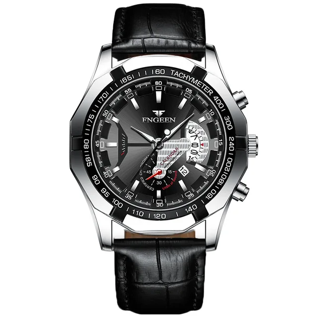 FNGEEN Luxury Men's Watches Stainless Steel Band Fashion Waterproof Quartz Watch For Man Calendar Male Clock Reloj Hombre S001 Leather Silver Black