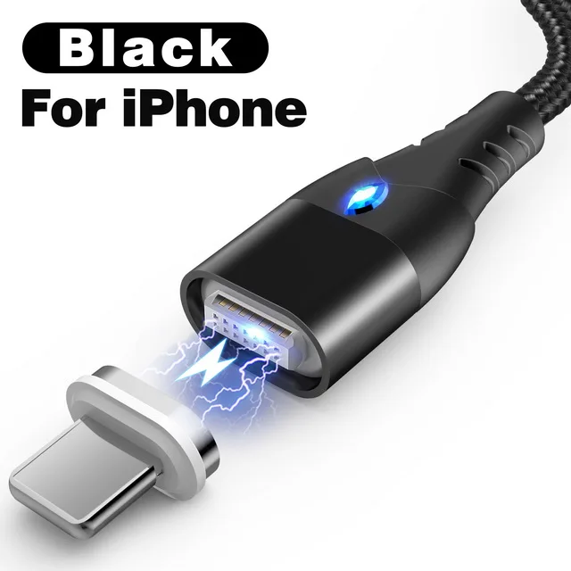 Магнитный кабель GETIHU 2 м, быстрая зарядка 3A для iPhone 11, samsung, зарядное устройство, быстрая зарядка 3,0, Micro usb type-C, магнитный шнур для зарядки телефона и передачи данных - Цвет: For iPhone Black