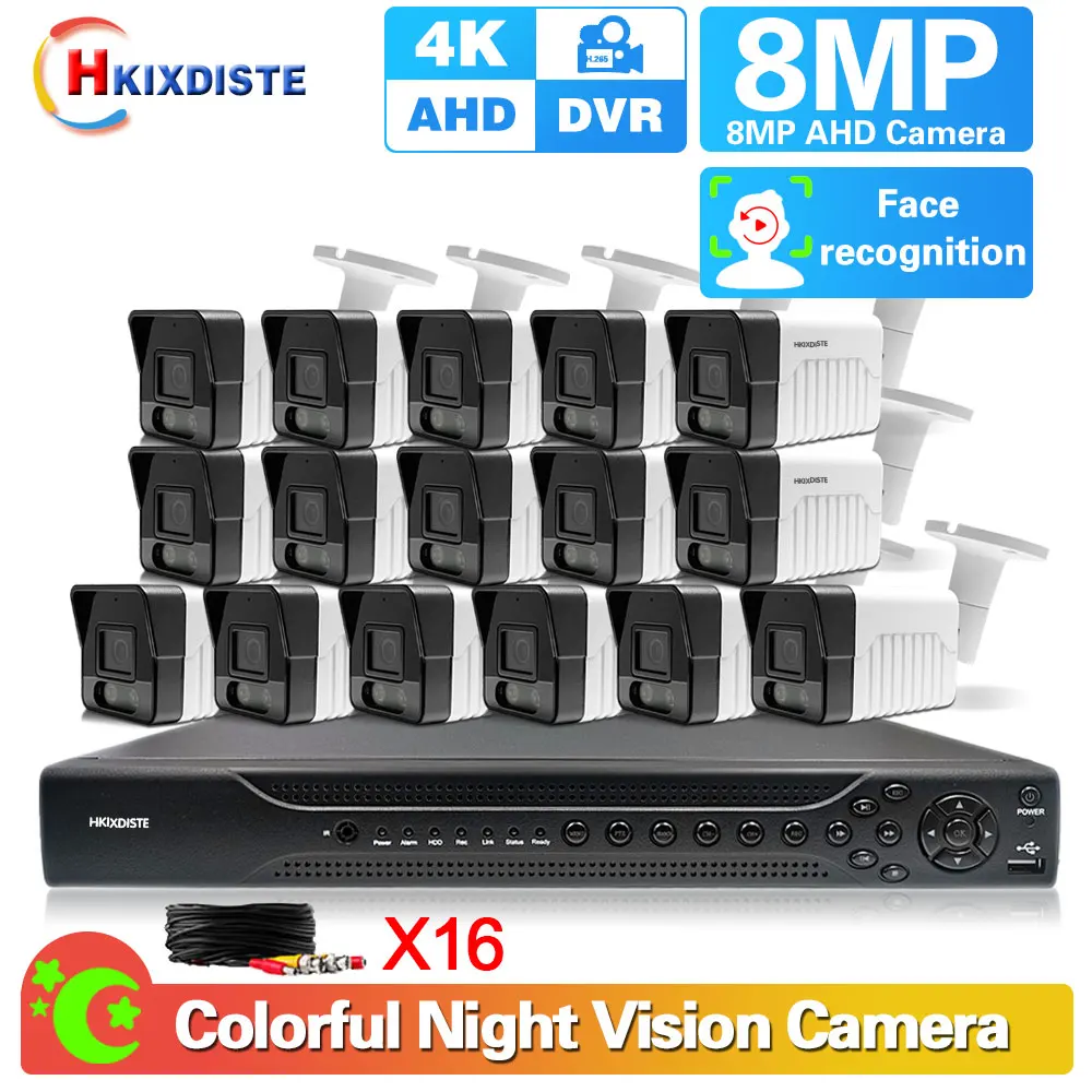 16Ch Dvr Cctv Sistema Di Telecamere Di Sicurezza 8Mp Full Color Visione Notturna Outdoor Ai Face Ahd Kit Di Telecamere Di Sicurezza Set Di Videosorveg