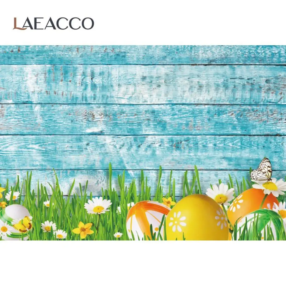 

Laeacco Blue Wooden Board Spring Easter Eggs Green Grass Flower Party Scenic Photographic Background Photo Backdrop Photo Studio