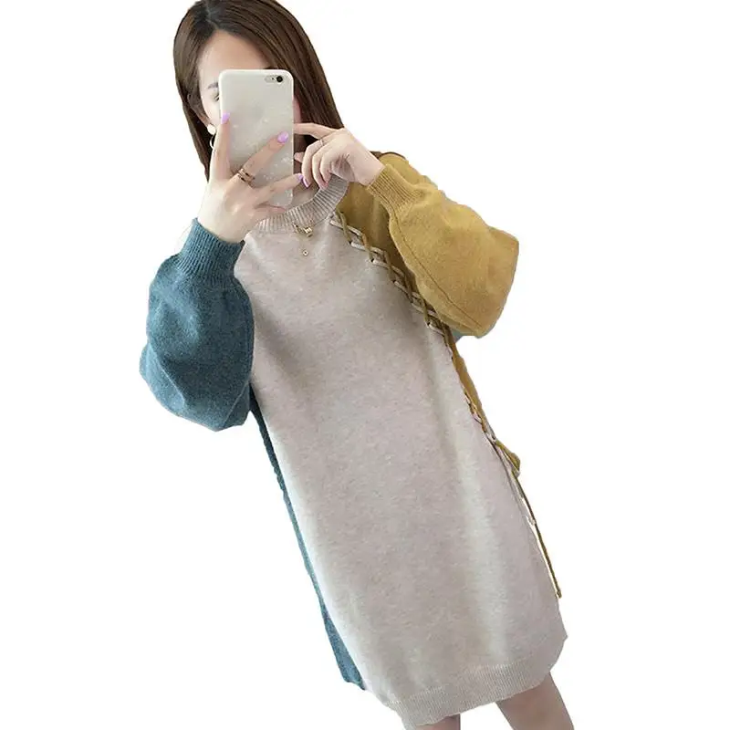 

Women 2019 Autumn Winter Stitching Color Fashion Long Sleeve Dress Female O-Neck Knee-Length Knitted Dress Casual Vestidos N62