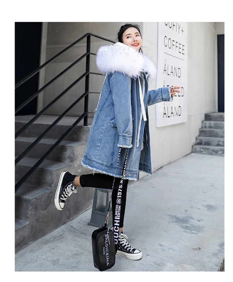 Теплая джинсовая куртка зима новое вышитое длинное джинсовое пальто женское корейское Прямое пальто с большим меховым воротником плотное Женское пальто