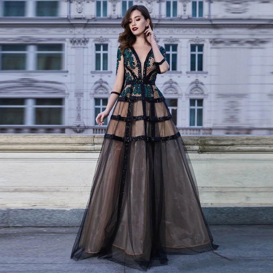

Saudi Arabic Black A-line Evening Gowns Sparkle Beaded Lace Long Formal Party Dresses Three Quarter Sleeves Vestido De Festa