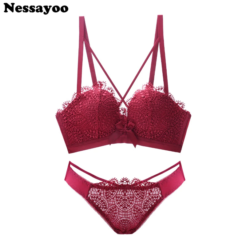 

2019 Underwear Women Sets Brassiere Ultra thin 3/4 Cup Bra and briefs Small breast Lace Bras Set Sexy lingerie femme push up bra