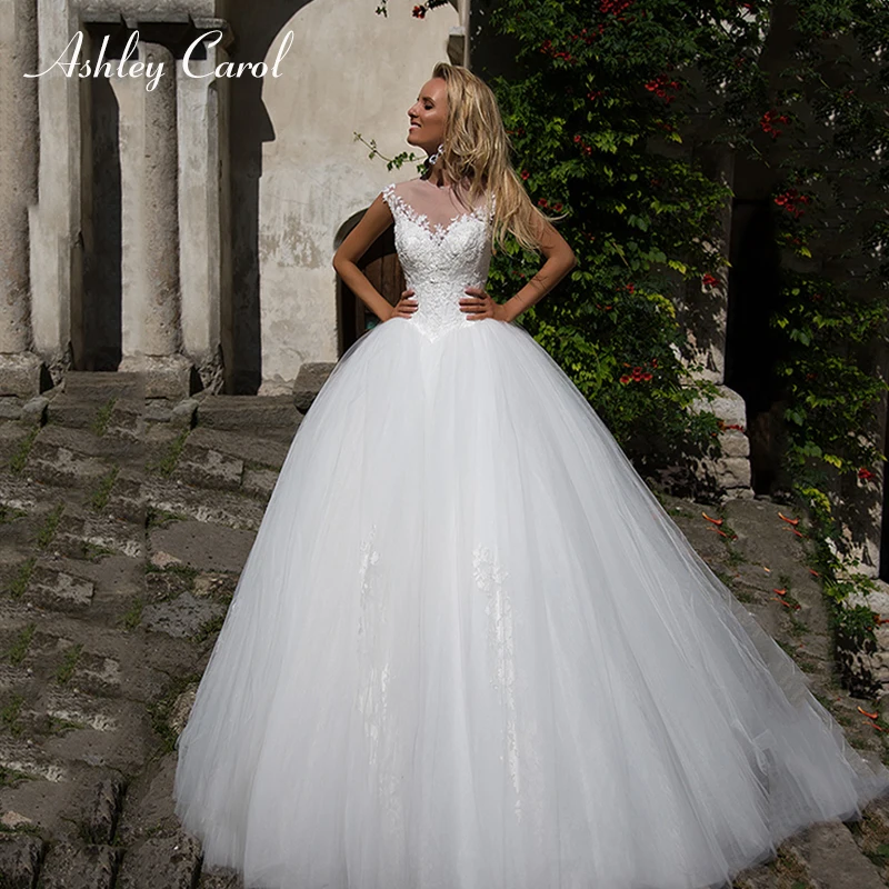 

Ashley Carol Vintage Lace Ball Gown Wedding Dress 2020 Romantic Appliques Chapel Train Tulle Wedding Gowns Vestido De Novia