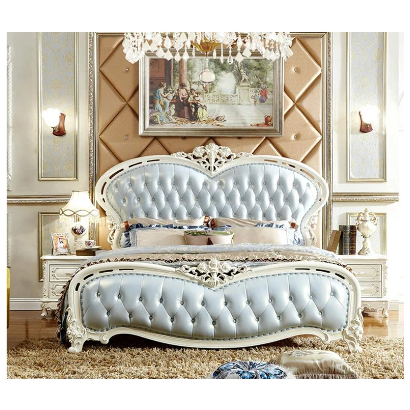 Современная Европейская кровать из массива дерева модная резная кожаная французская мебель для спальни xhc0010