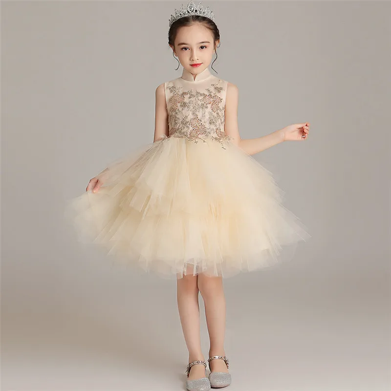 champagne short Модельные костюмы для подиума; роскошное платье с длинным шлейфом для девочек; цвет бежевый, серый; вечернее платье для дня рождения, выпускного вечера - Цвет: champagne short