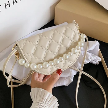 

Pearl Handle Design Mini PU Leather Saddle Bags For Women 2020 Summer Simple Shoulder Handbags Female Fashion Cross Body Bag