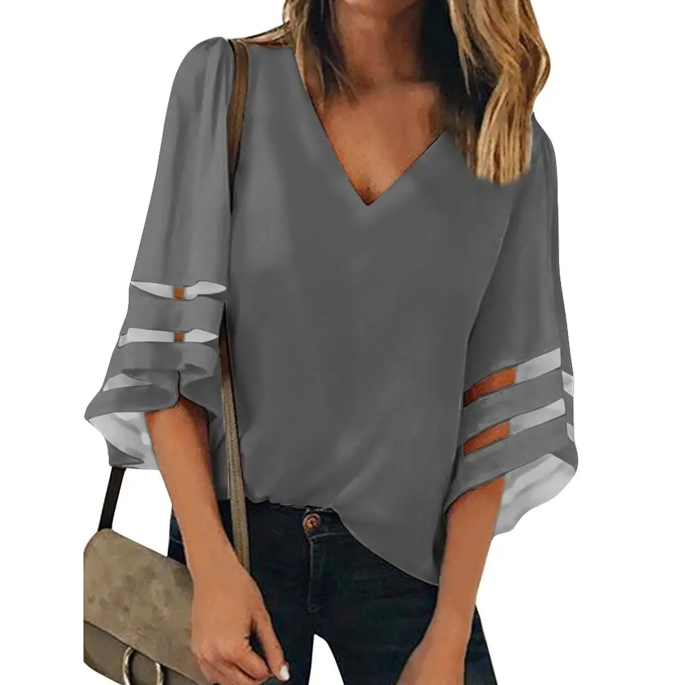 

Pure Dark gray Design Pattern V Neck Blouses Bat Wing Short Sleeve Chiffon Tops Shirts New Fashion Summer Clothes for Women