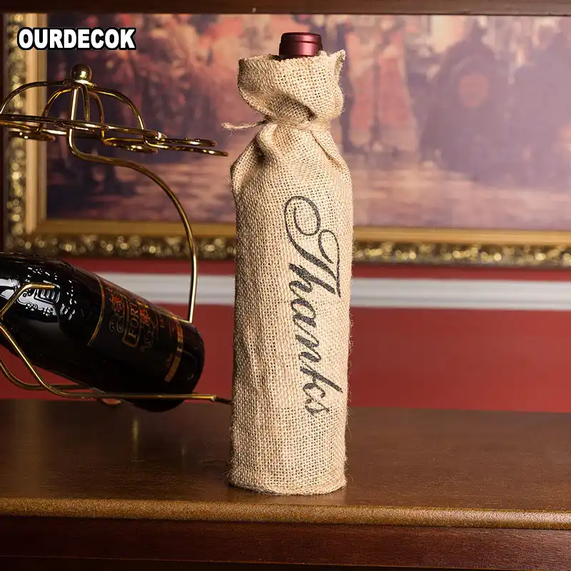 Модная винтажная Мешковина из натуральной ткани "Мерси" "спасибо" Винная бутылка из джута сумки Чехлы для бутылки шампанского украшения сва...