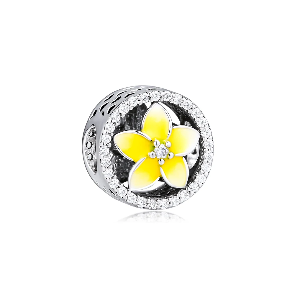 DIY подходит для браслетов Pandora Charms Цветочные бусины с бледно-желтой эмалью и CZ 925 пробы-серебро-ювелирные изделия