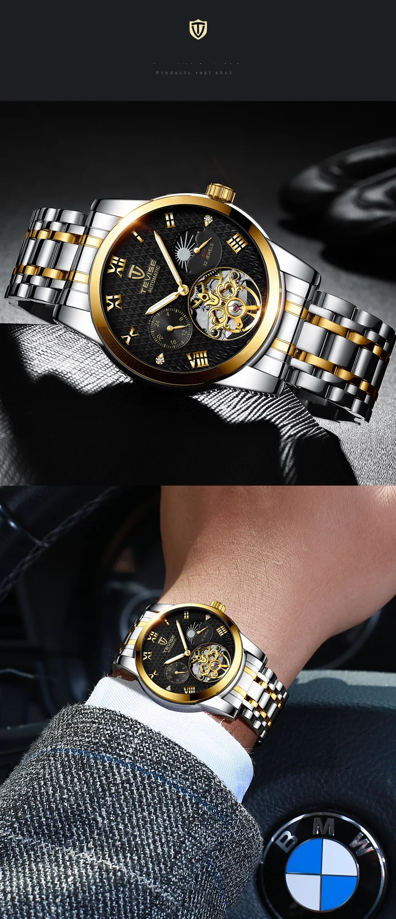 Автоматические механические часы TEVISE T9005c Tourbillon 22 Часы с драгоценными камнями человек Луна фаза светящиеся руки водонепроницаемые часы с ящиком для инструментов