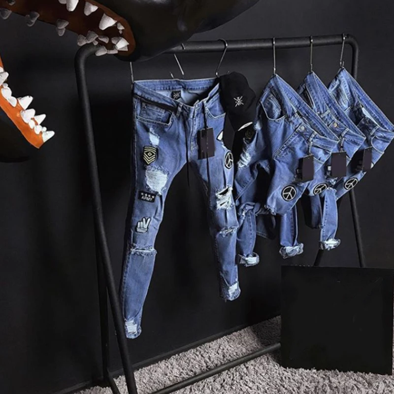 

Новые мужские джинсовые брюки с прорезями, эластичные обтягивающие штаны, популярны