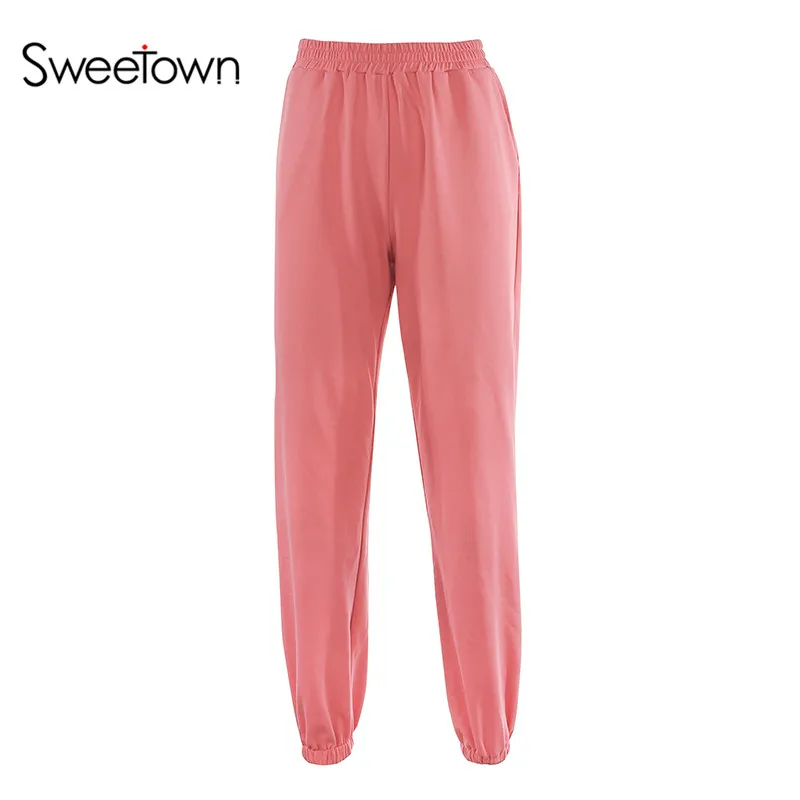 Sweetown однотонная Повседневная Свободная Женская одежда для бега спортивные штаны уличный стиль карманы шаровары Хип-хоп Высокая талия уличная одежда брюки - Цвет: pink
