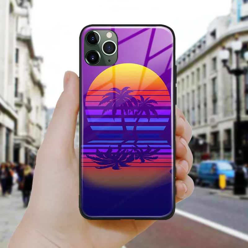 Synthwave Minimal Moon and Palm Soft Silicone Tempered Glass For IPhone SE 6s 7 8 Plus X XR XS 11 Pro Max Phone Case Cover Shell | Мобильные