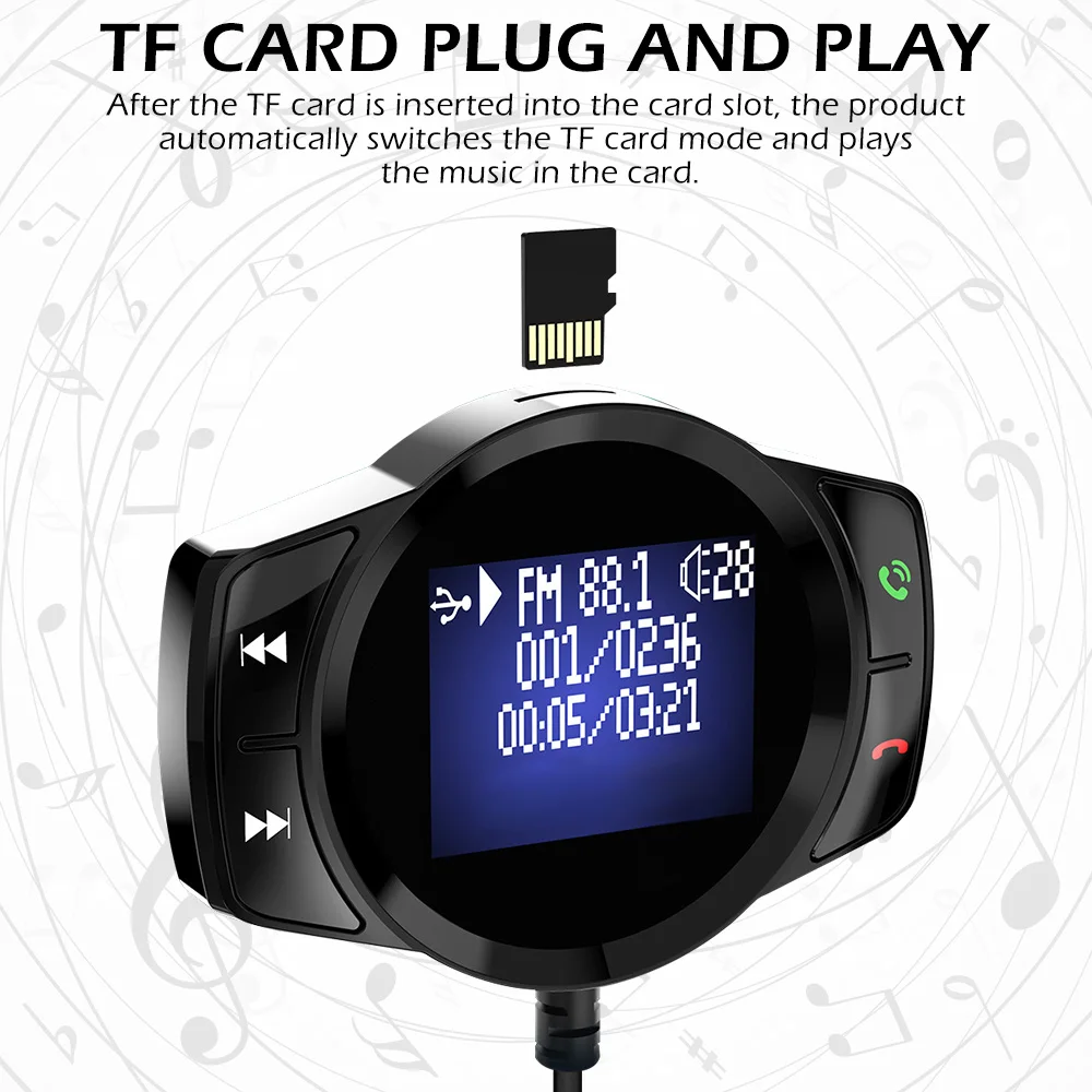 Bluetooth автомобильный набор, свободные руки, MP3 музыкальный плеер громкой связи Bluetooth ресивер FM-передатчик Dual USB QC3.0 Зарядное устройство, u-диск, tf-карта, формат музыки без потери качества