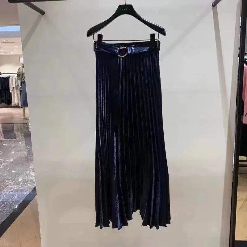 

2019 Autumn and Winter New Pleated Solid Color Hemiskirt Pleated Sashes Long Skirts for Women