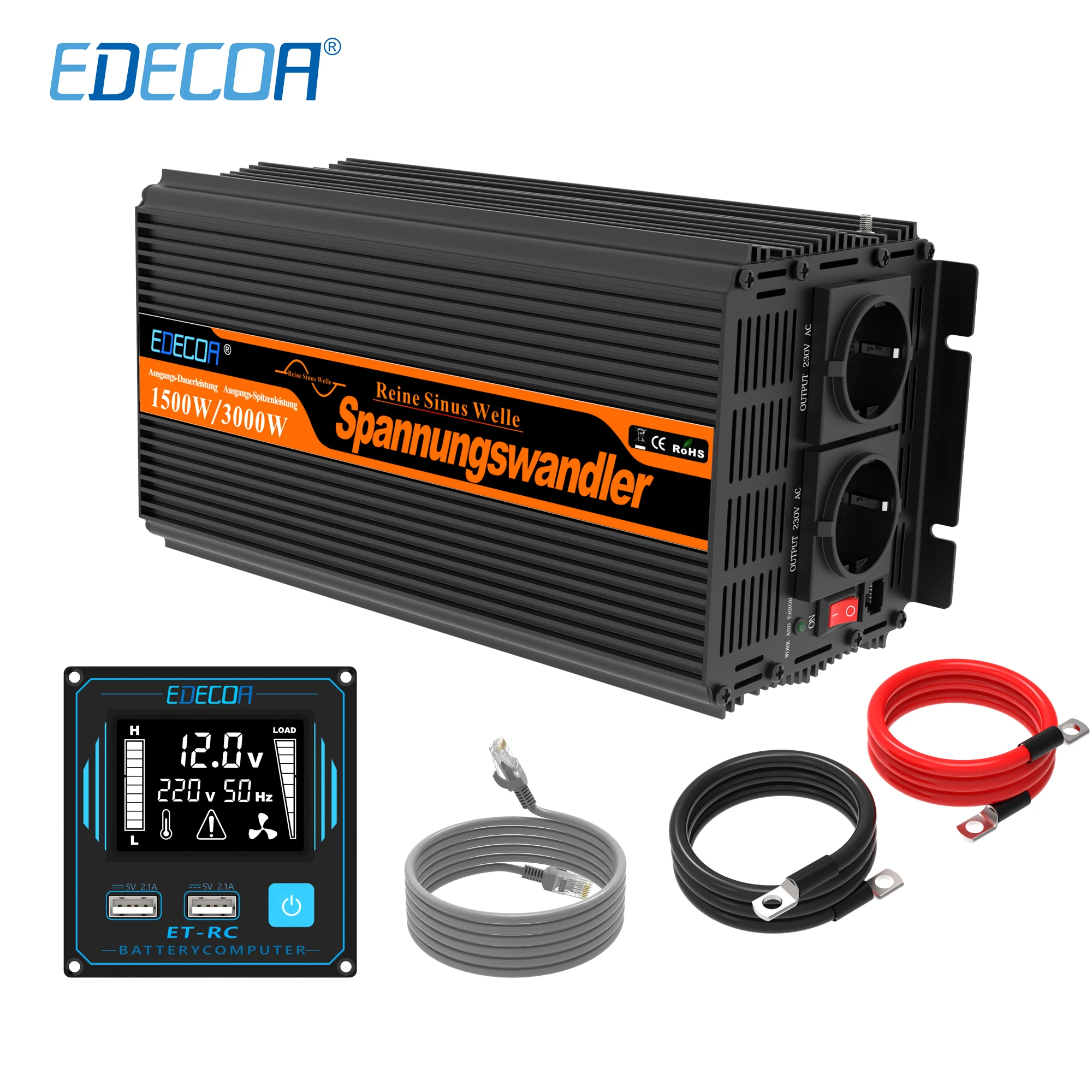 EDECOA pure sine wave DC 12V to AC 220V 230V 1500W инвертор мощности с 5V 2.1A USB пульт дистанционного