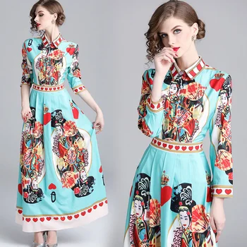 

High Quality 2020 Summer Blue Vintage Long Shirt Dress Floral Geometric Print Runway Elegant Designer Women Maxi Party Dresses