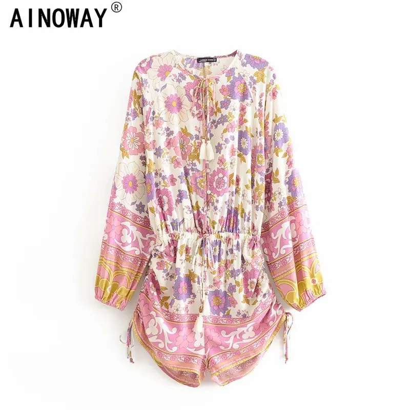 Rompers Bodysuit Jumpsuits Tassel Boho Long-Sleeve Floral-Print Vintage Women V-Neck