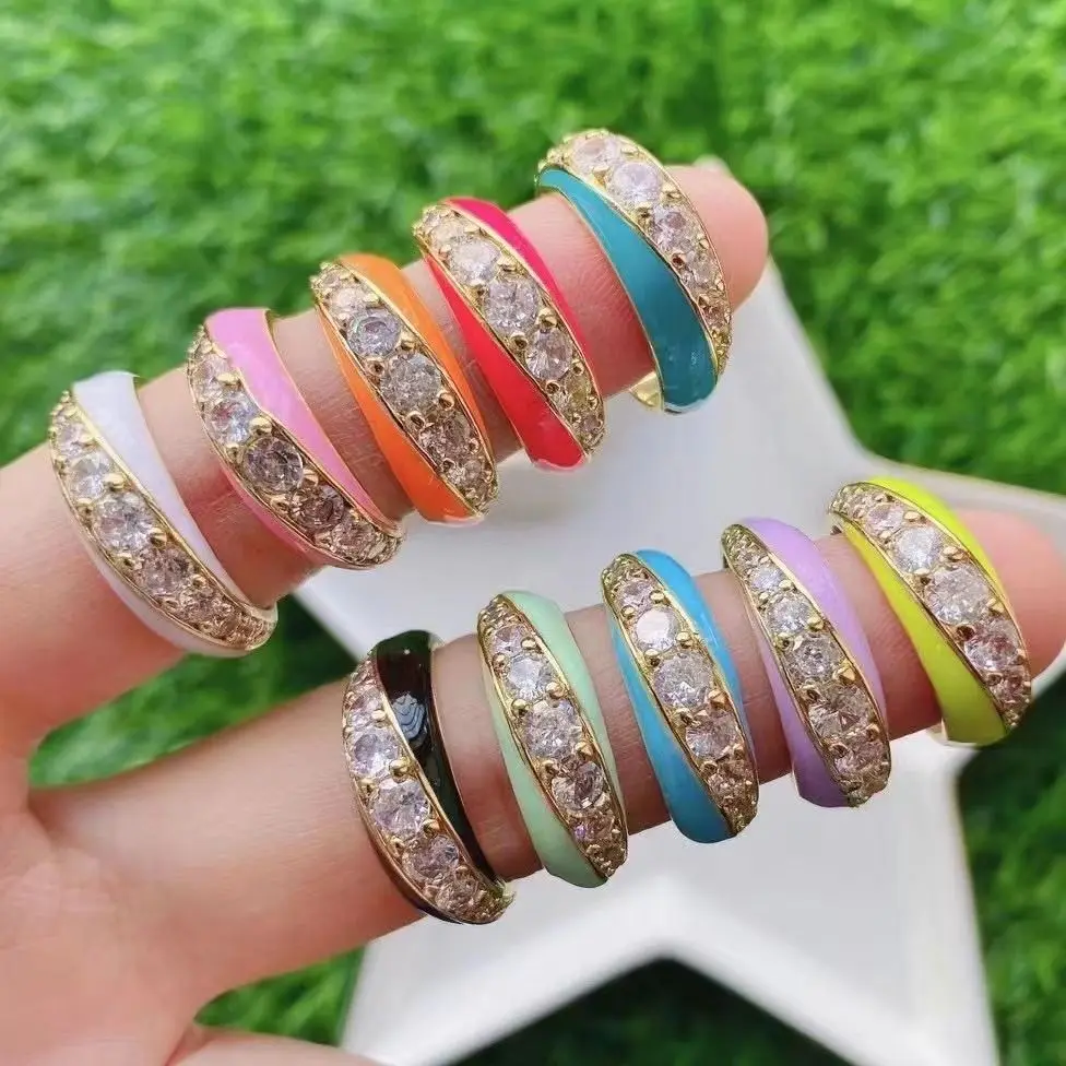 

10PCS, 2021 New Colorful Jewelry Neon Enamel Open CZ Paved Finger Ring For Women