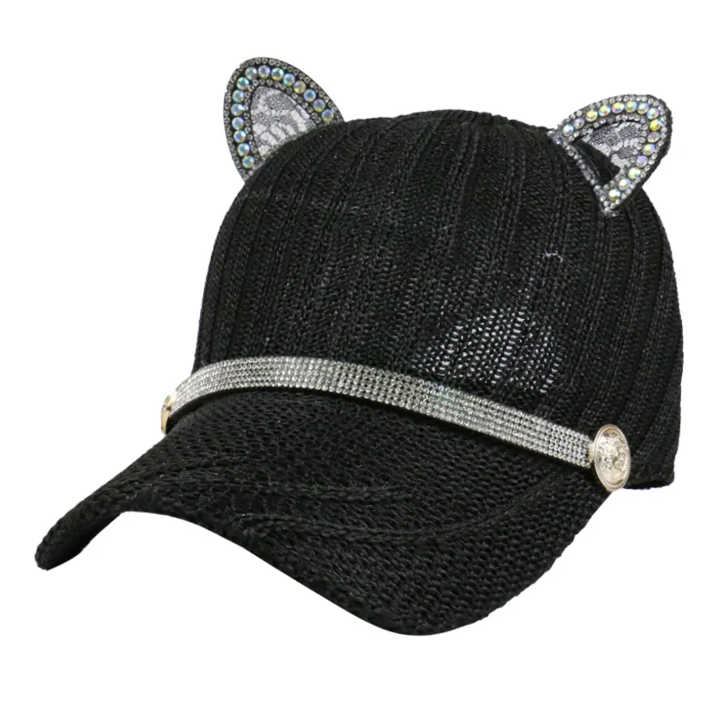 

Baseball Cap Women Hat Animal Cat Ears Rhinestone Snapback Summer Adjustable Curved Bill Party Outdoor Accessory