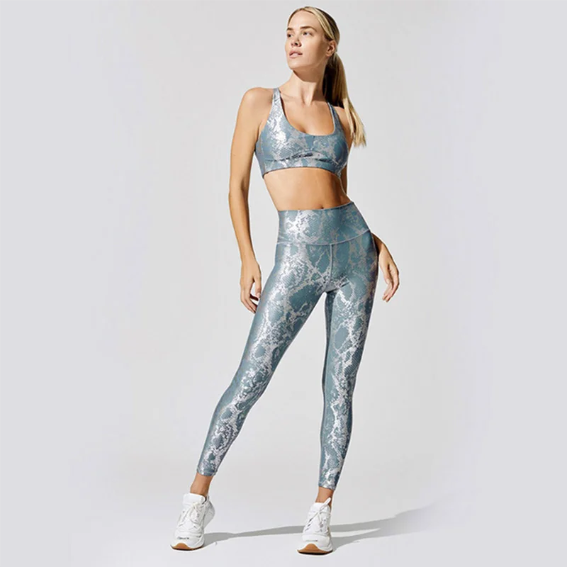 SALSPOR Women Yoga 2 Piece Sets Snake Pattern Gym Sports High Waist Tracksuits Suits Woman Fitness Exercise Outdoor Cycling Suit