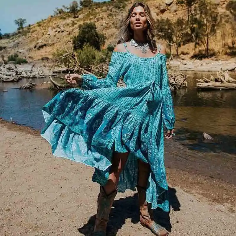 Summer in Greece Boho Print Ruffle Sleeve Elastic Waist High-low Midi Dress