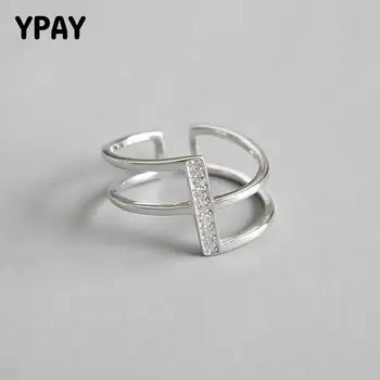 

YPAY Pure 100% 925 Sterling Silver 4A Zircon Rings for Women Double Layers Open Resizable Ring Fine Party Jewelry Gift YMR707