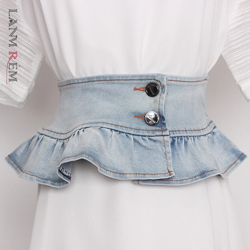 LANMREM 2021 New Ruffle Elastic Denim Wide Belt Female Solid Color All-match Single Breasted Belts Women's Fashion 2W1497 | Аксессуары