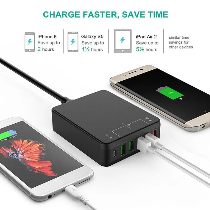 6 портов type-C usb зарядная станция настенный адаптер быстрозарядная станция с Qualcomm Quick Charge 3,0 type C для смартфона