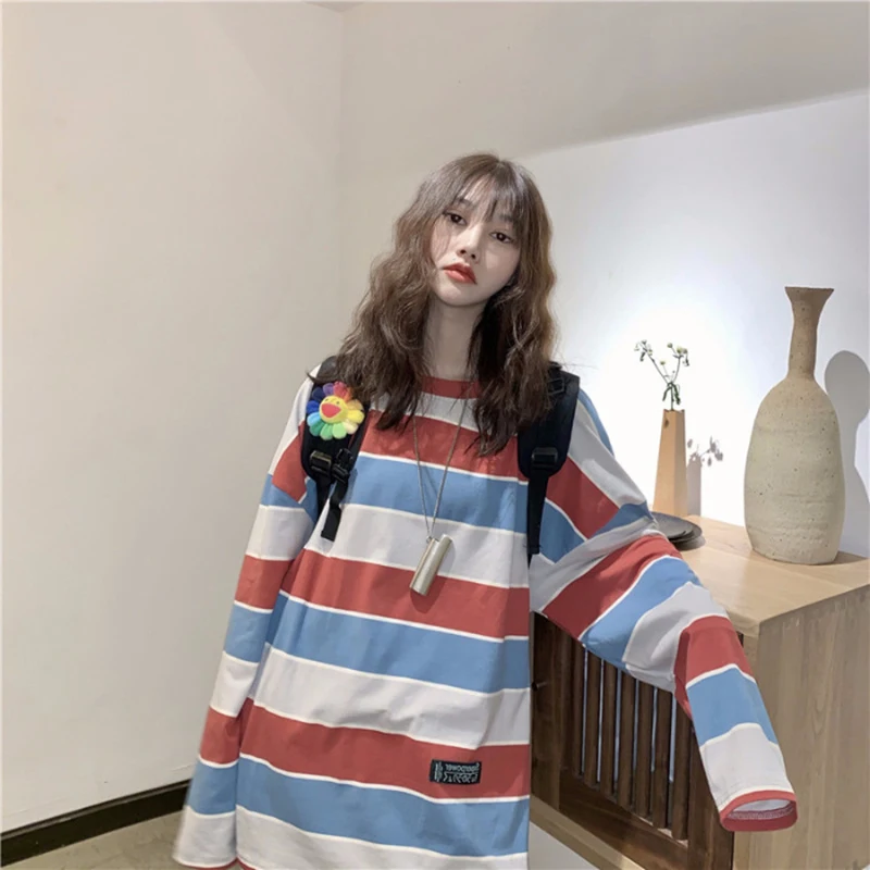

Autumn new korea retro striped pullover round neck long sleeve female t-shirt plus size casual t-shirt