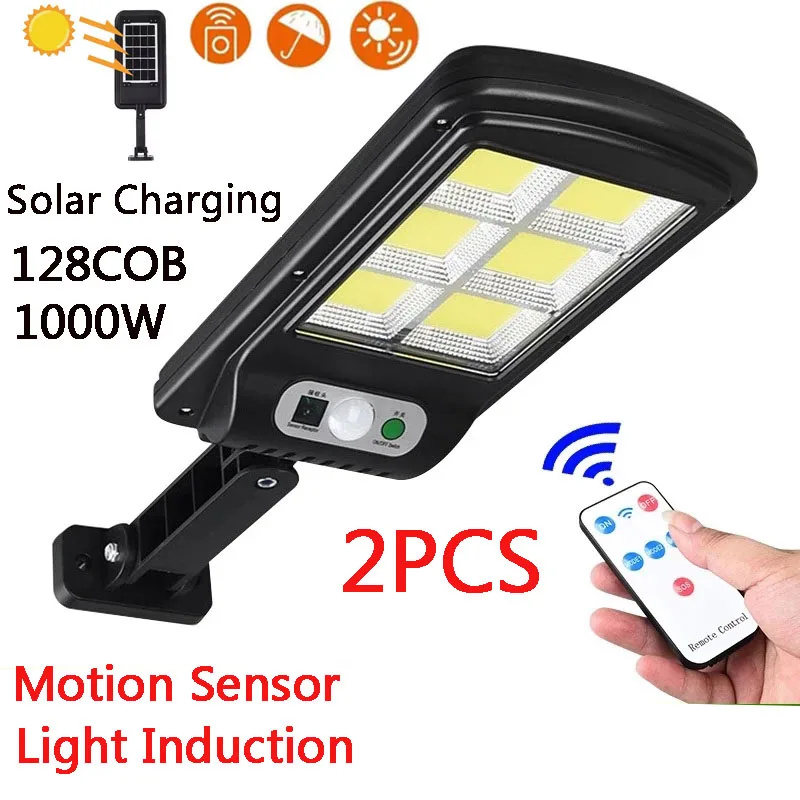 2PCS 128COB Solar LED Street Light Waterproof Motion Sensor Smart Remote Control 300W Outdoor Garden Security Wall Light