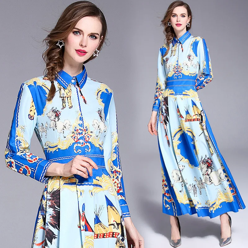 

2018 Autumn New Style Europe And America Women's Dress Pleat Swinging Skirt Fold-down Collar Long Sleeve Waist Hugging Elegant P