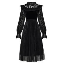 Женская Осень Зима прозрачное черное кружевное сексуальное бархатное платье с длинными рукавами, длина по колено, пэчворк, Сетчатое платье элегантное вечернее платье